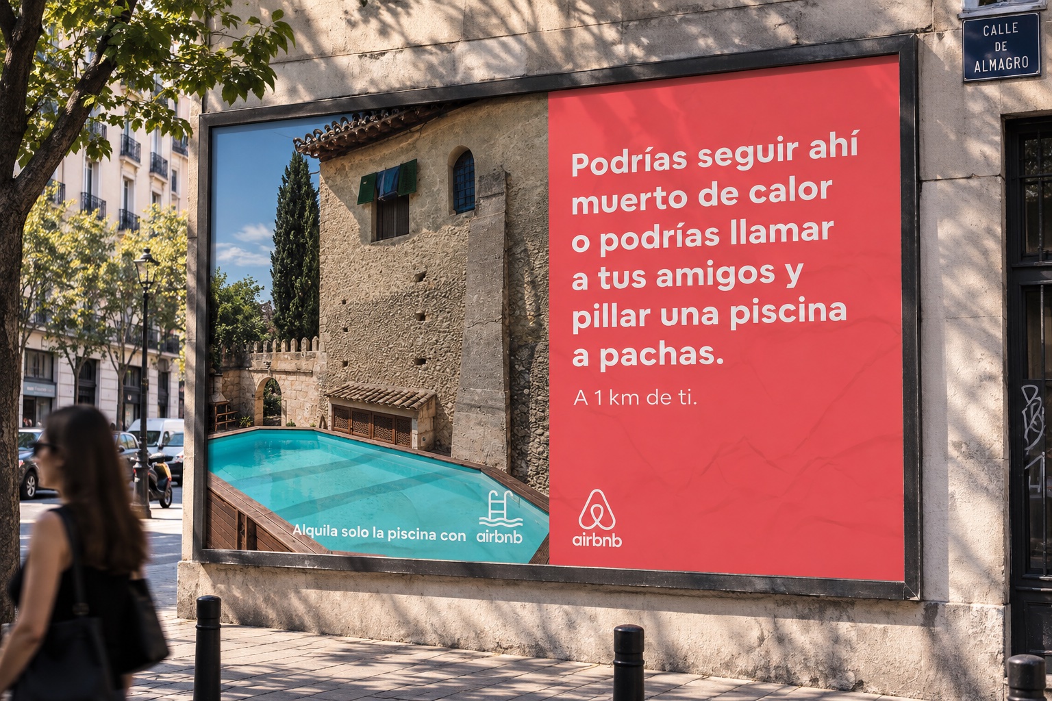 Alquílate esta — shared-pool campaign billboard on Almagro street