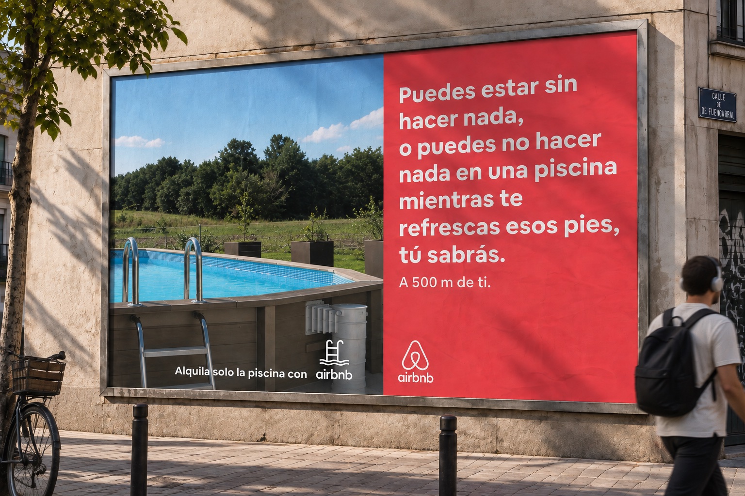 Alquílate esta — pool campaign billboard on Fuencarral street