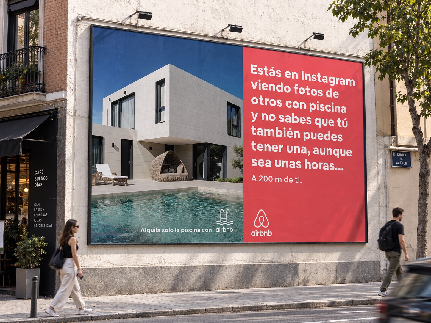 Alquílate esta — house and pool campaign billboard on València street